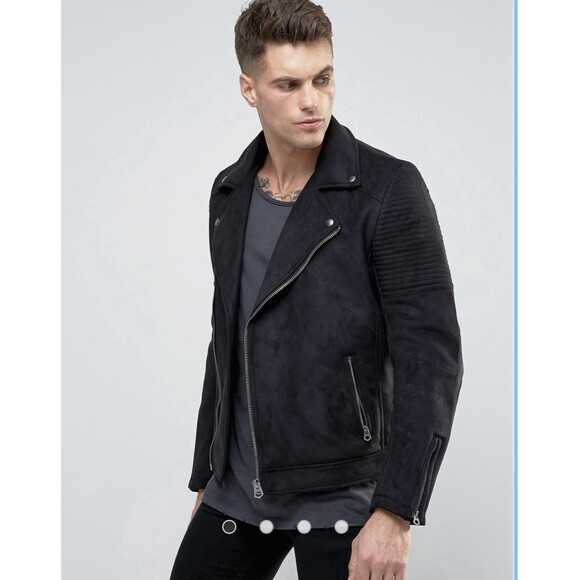 ASOS Design Biker Jacket Black Faux Suede Asymmetrical Zip Moto Jacket L - Picture 1 of 14